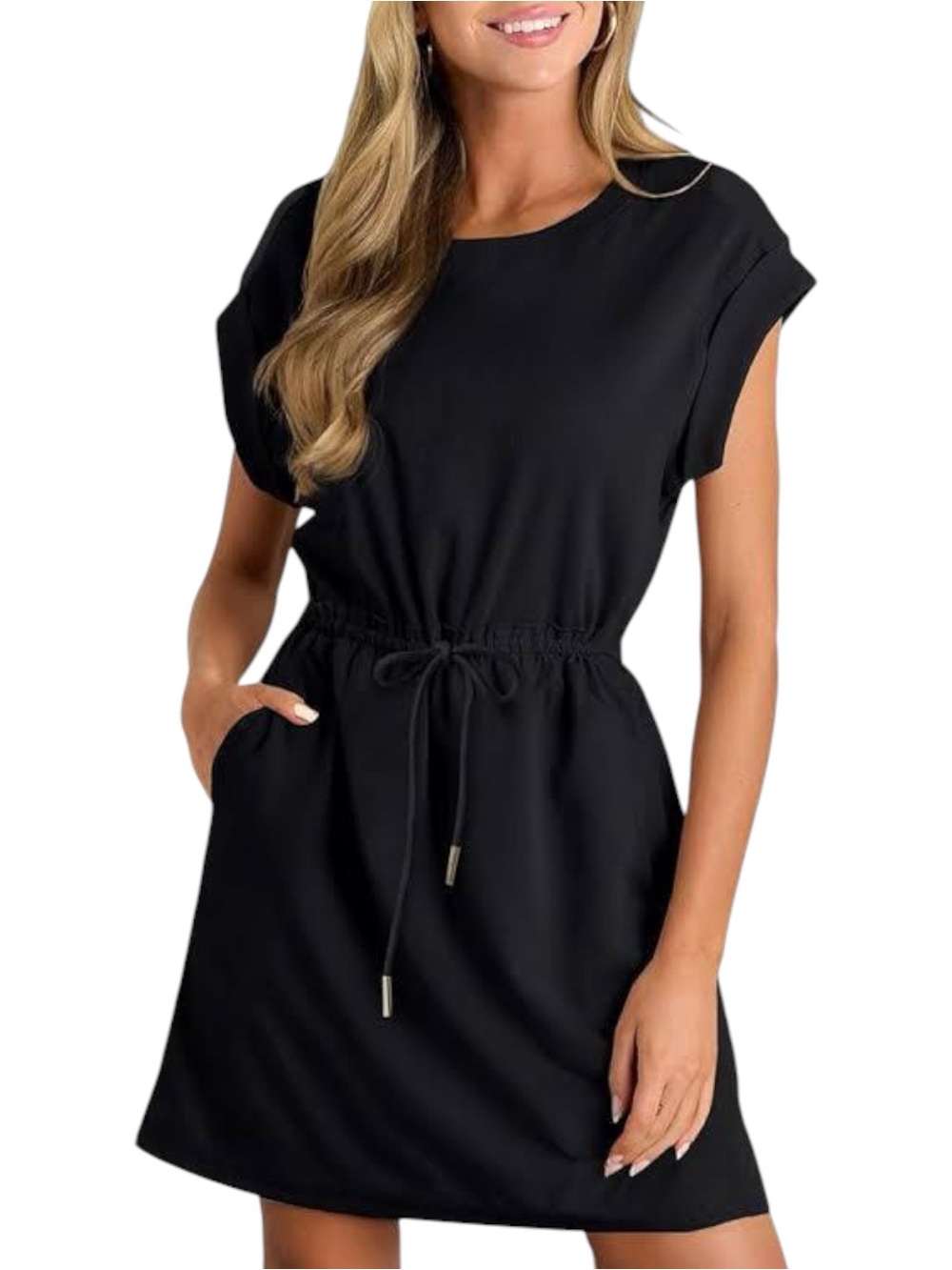 Rachel Roy Casual Drawsting Cinched Waist Dress Size Large Black Pockets
